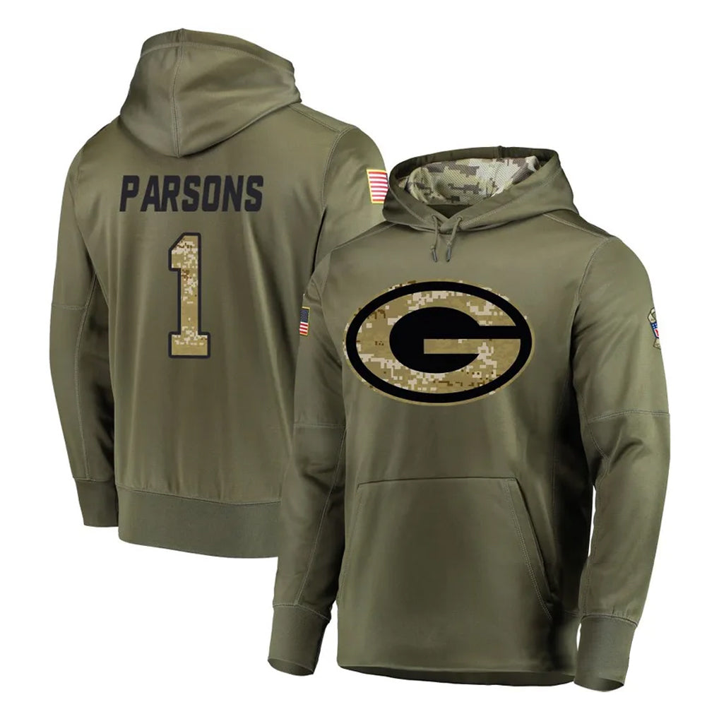 GB.Packers #1 Micah Parsons Player Olive Salute to Service Pullover Hoodies Home Game BALCE Stitched Jerseys