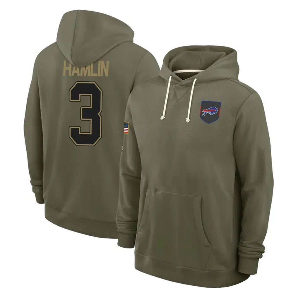 B.Bills #3 Damar Hamlin Player Olive Salute To Service Hoodies Game BALCE Stitched Jerseys