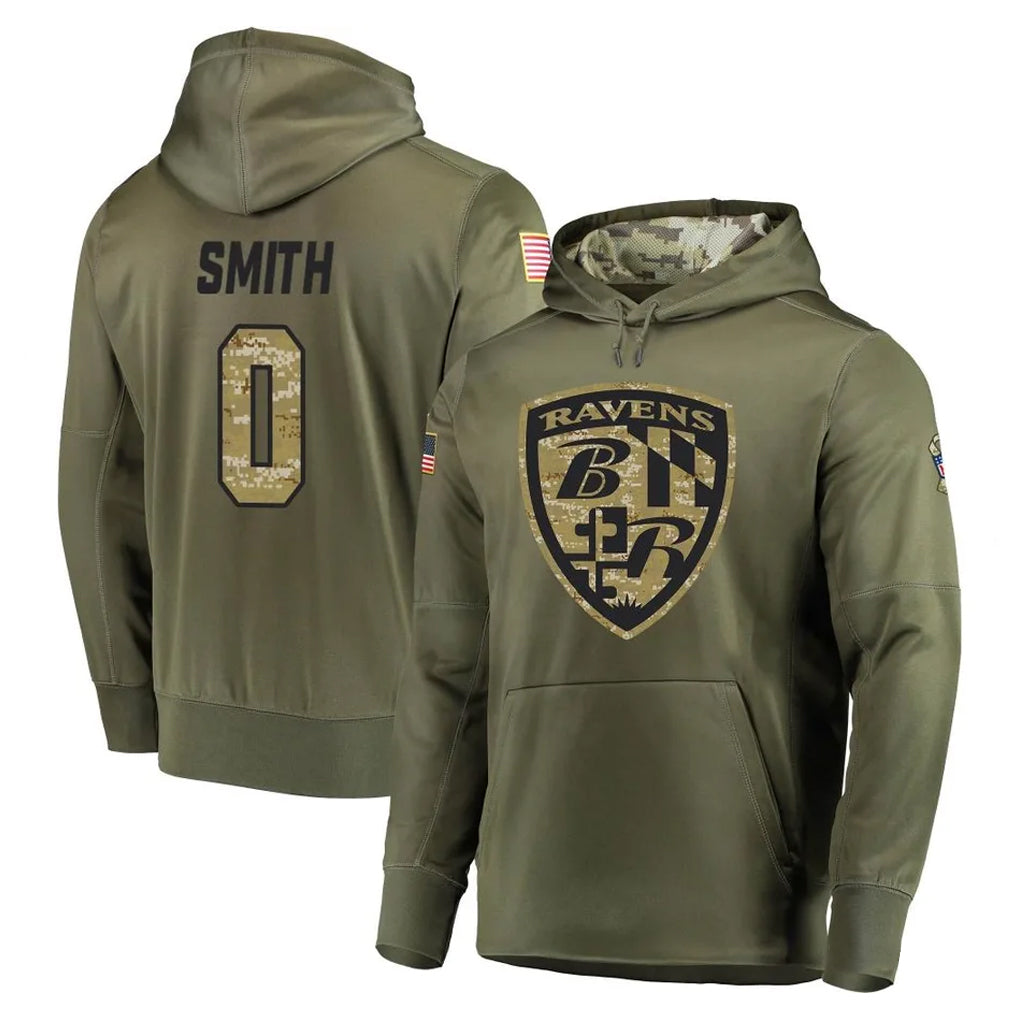 B.Ravens #0 Roquan Smith Player Olive Salute to Service Pullover Hoodie BALCE Stitched Jerseys