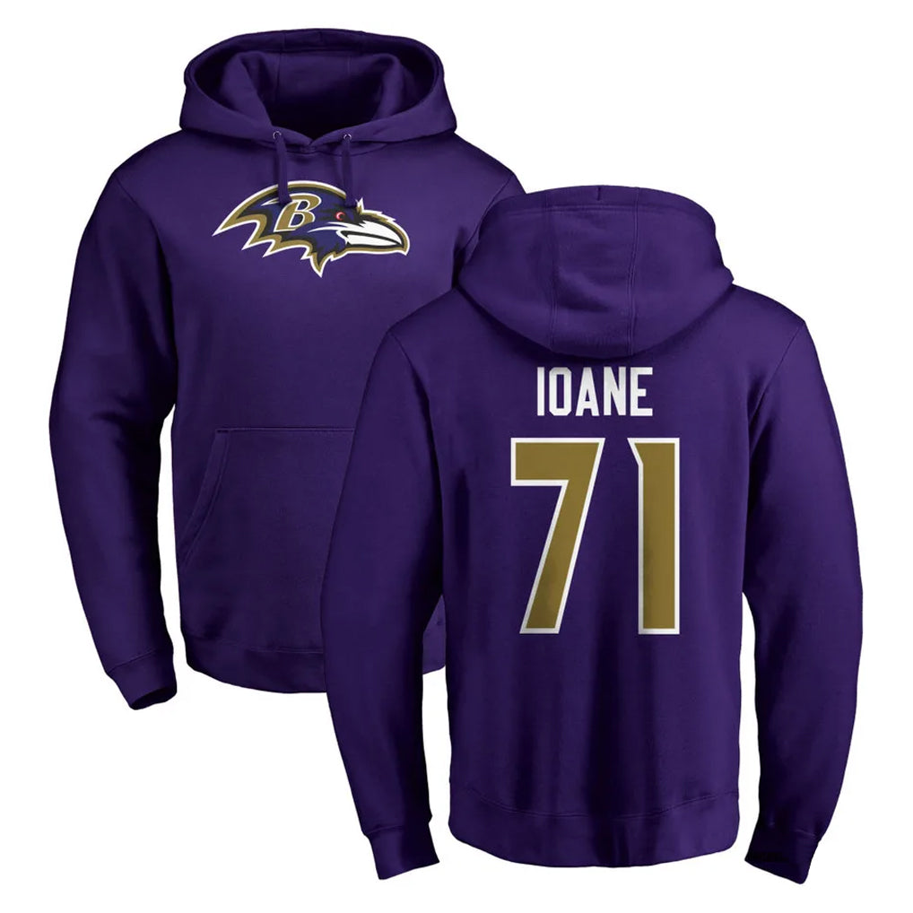 B.Ravens #71 Olaivavega Ioane Player Purple Salute to Service Pullover Hoodie BALCE Stitched Jerseys