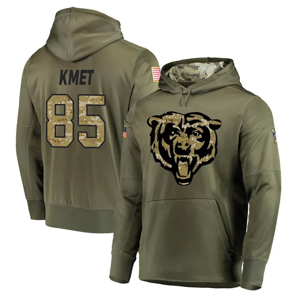 C.Bears #85 Cole Kmet Player Olive Salute to Service Pullover Hoodies Home Game BALCE Stitched Jerseys