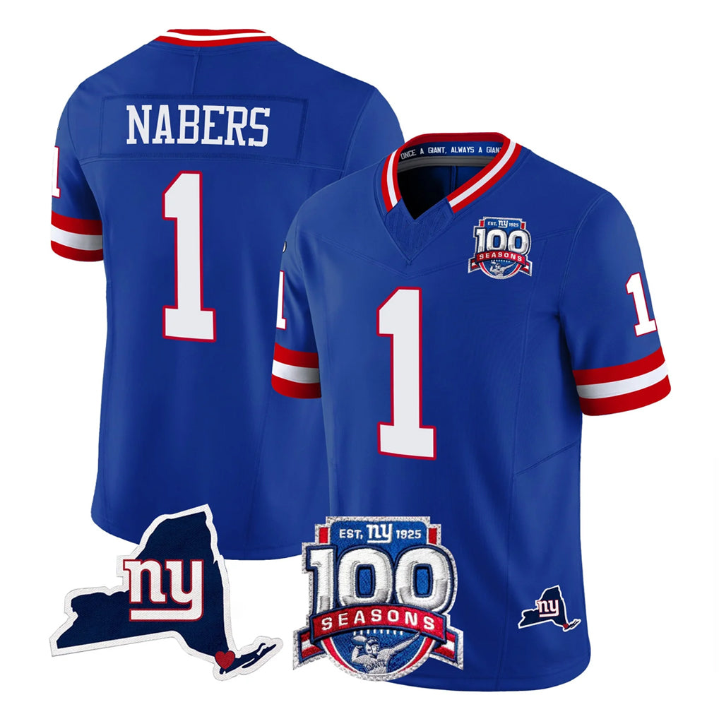 NY.Giants #1 Malik Nabers Player Royal 100th Season & State Patch Vapor Limited Home Game BALCE Stitched Jerseys