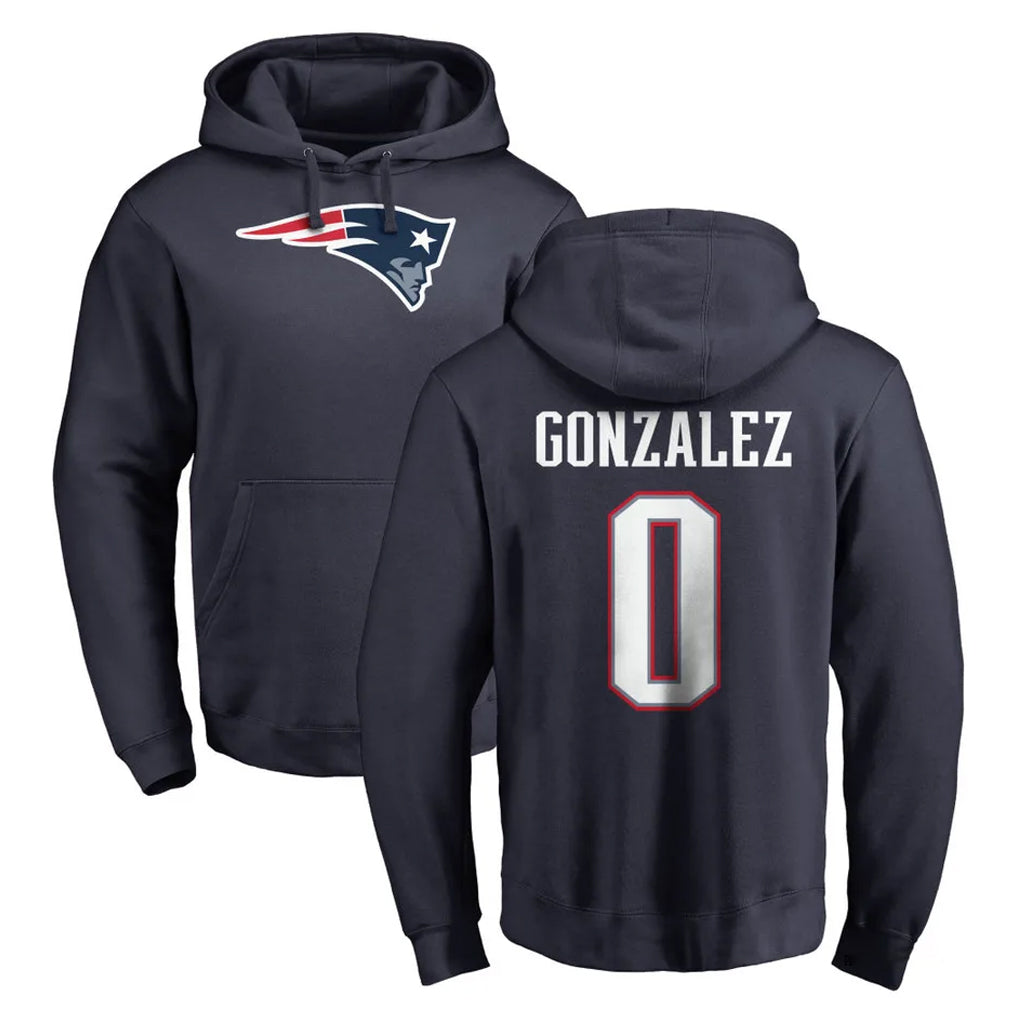 NE.Patriots #0 Christian Gonzalez Player Navy LOGO Pullover Hoodies Home Game BALCE Stitched Jerseys