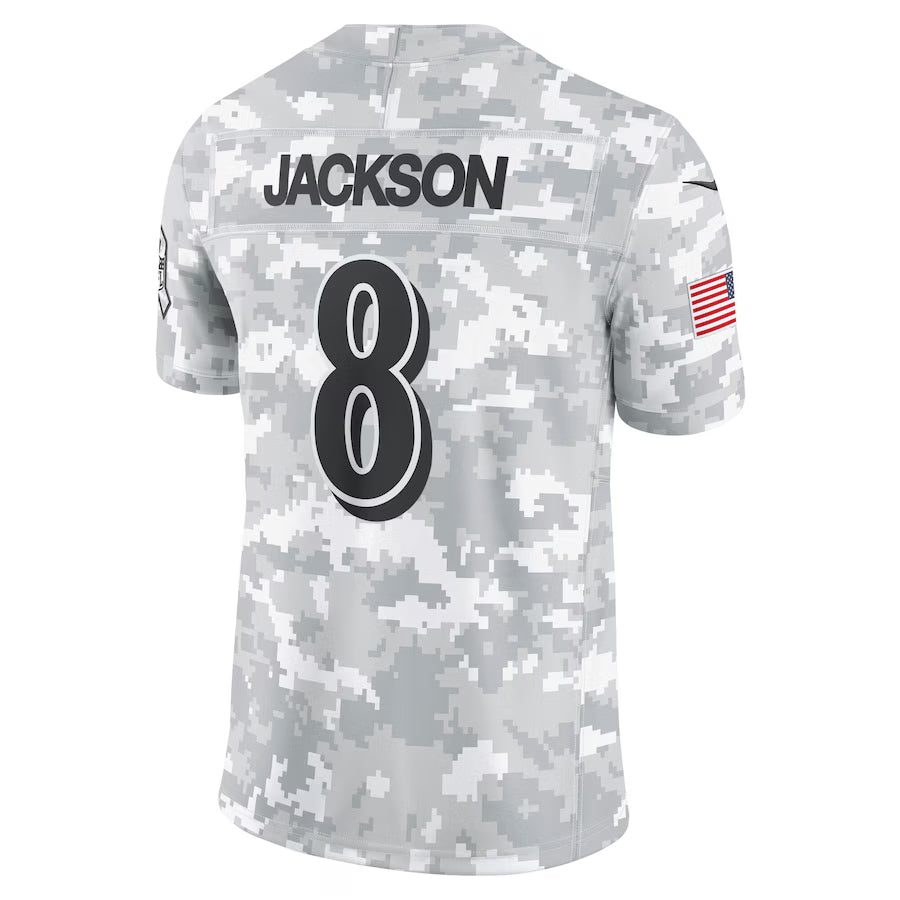 B.Ravens #8 Lamar Jackson Player Arctic Camo Salute to Service Limited BALCE Stitched Jerseys
