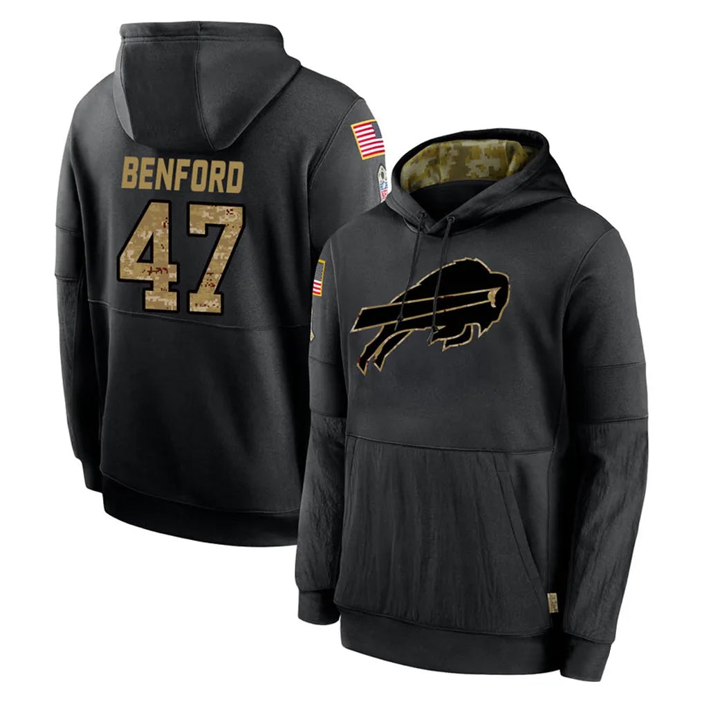 B.Bills #47 Christian Benford Player Black Salute to Service Hoodies Hame BALCE Stitched Jerseys