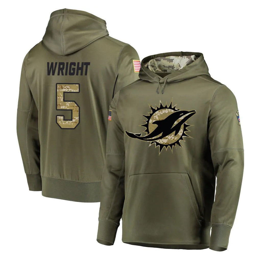 M.Dolphins #5 Jaylen Wright Player Olive Salute to Service Pullover Hoodies Home Game BALCE Stitched Jerseys