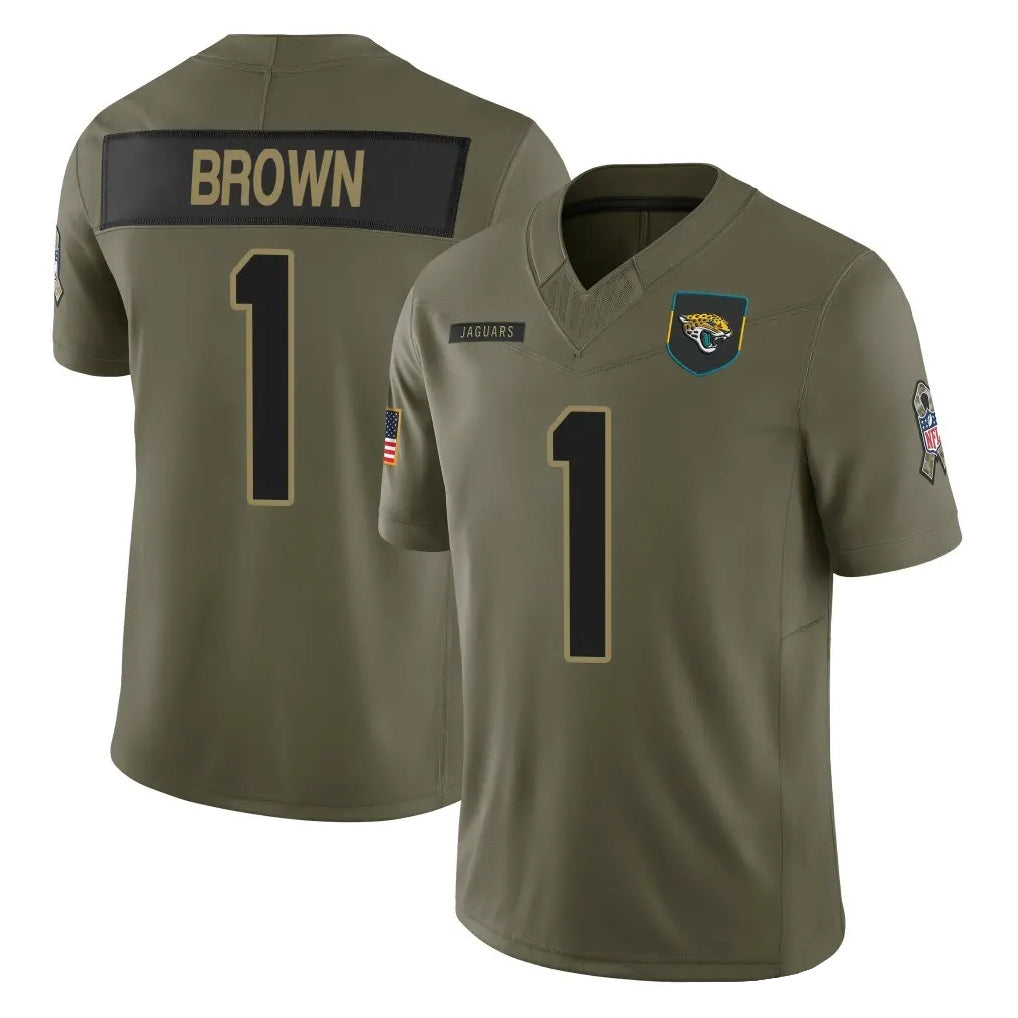 J.Jaguars #1 Montaric Brown Player Olive 2025 Salute To Service Limited Game BALCE Stitched Jerseys