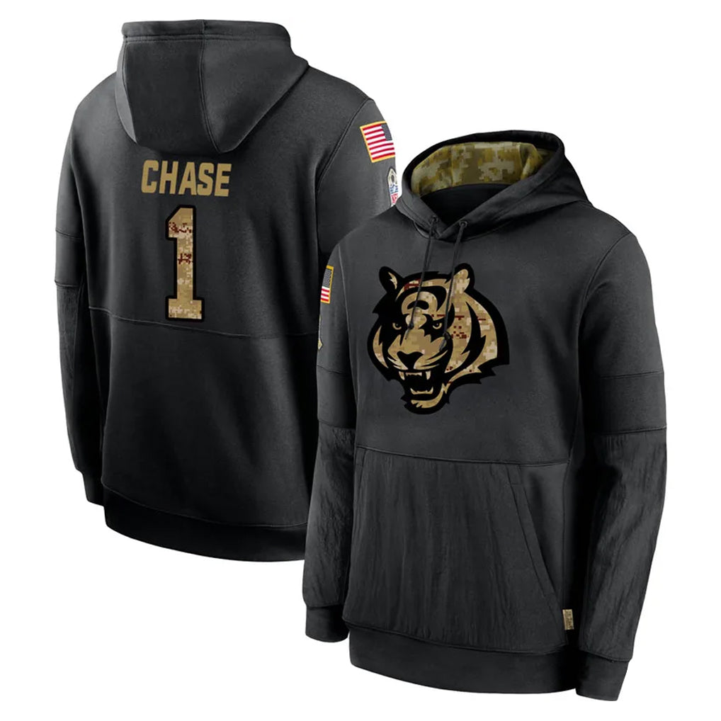 C.Bengals #1 Ja'Marr Chase Player Black Salute to Service Pullover Hoodies Limited BALCE Stitched Jerseys