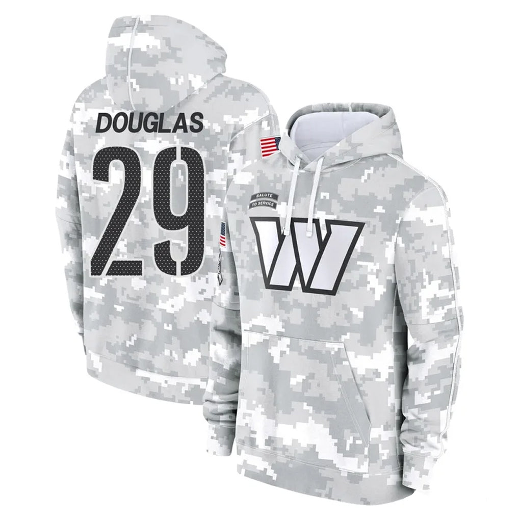 W.Commanders #29 Rasul Douglas Player Arctic Camo Limited Salute to Service Pullover Hoodies Game BALCE Stitched Jerseys