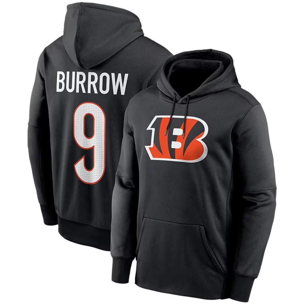 C.Bengals #9 Joe Burrow Player Black Salute to Service Pullover Hoodies Game BALCE Stitched Jerseys