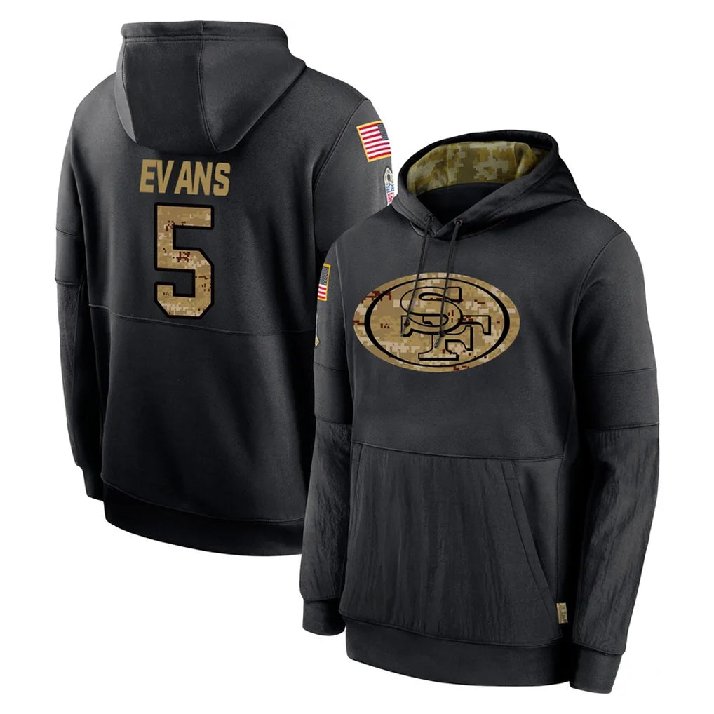 SF.49ers #5 Mike Evans Player Black Salute to Service Sideline Performance Pullover Hoodies Home Game BALCE Stitched Jerseys