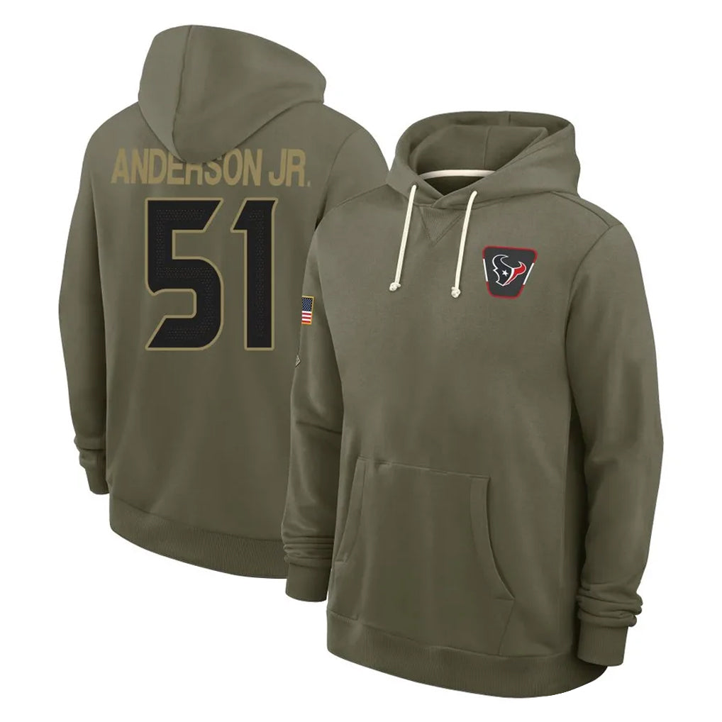 H.Texans #51 Will Anderson Jr. Player Olive Salute to Service Pullover Hoodies Limited BALCE Stitched Jerseys