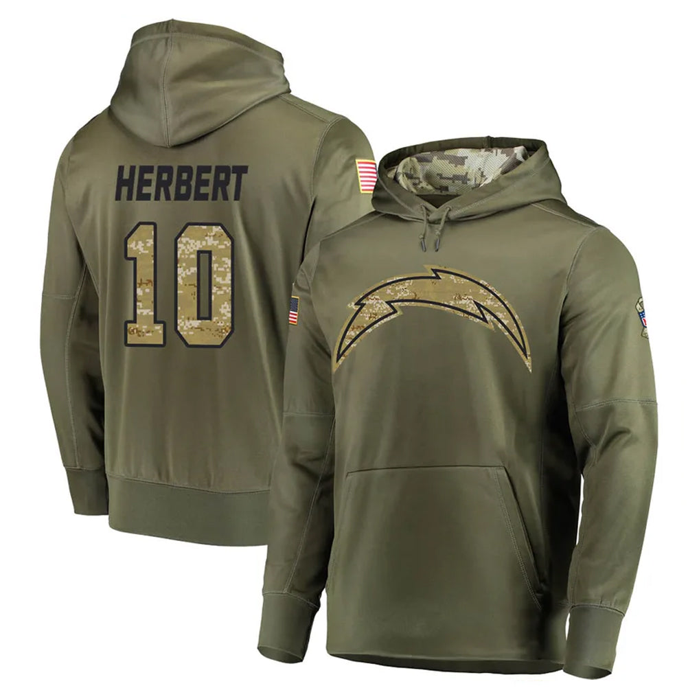LA.Chargers #10 Justin Herbert Player Olive Salute to Service Pullover Hoodies Home Game BALCE Stitched Jerseys