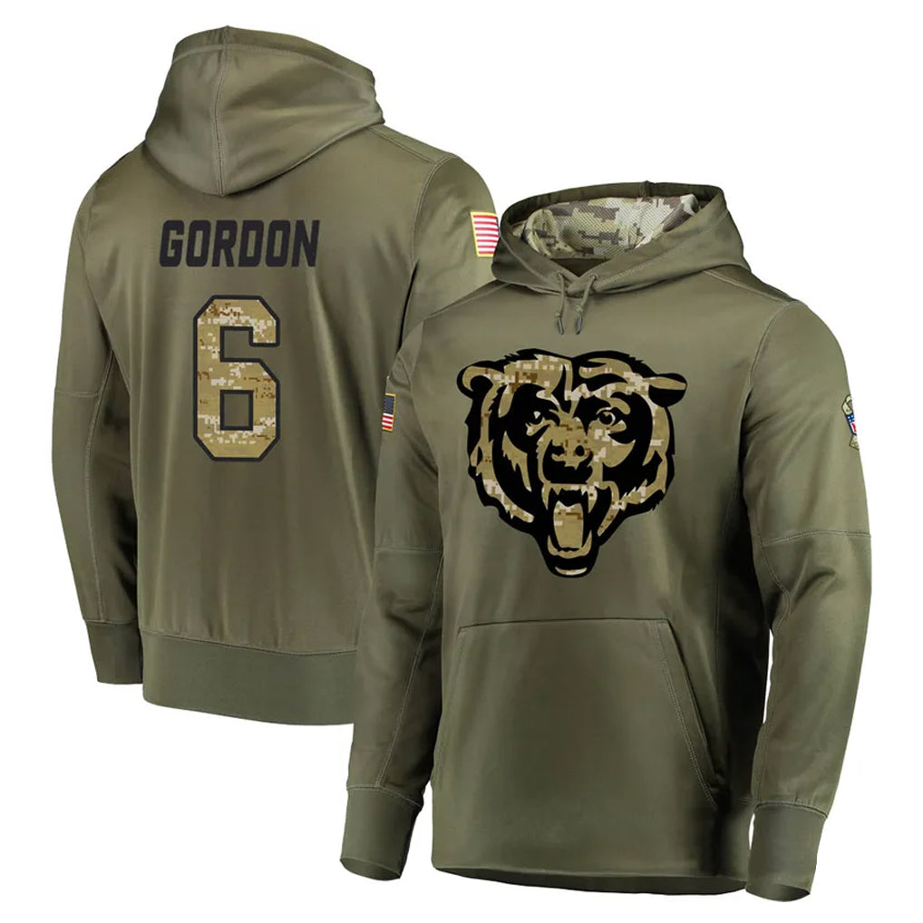 C.Bears #6 Kyler Gordon Player Olive Salute to Service Pullover Hoodies Home Game BALCE Stitched Jerseys