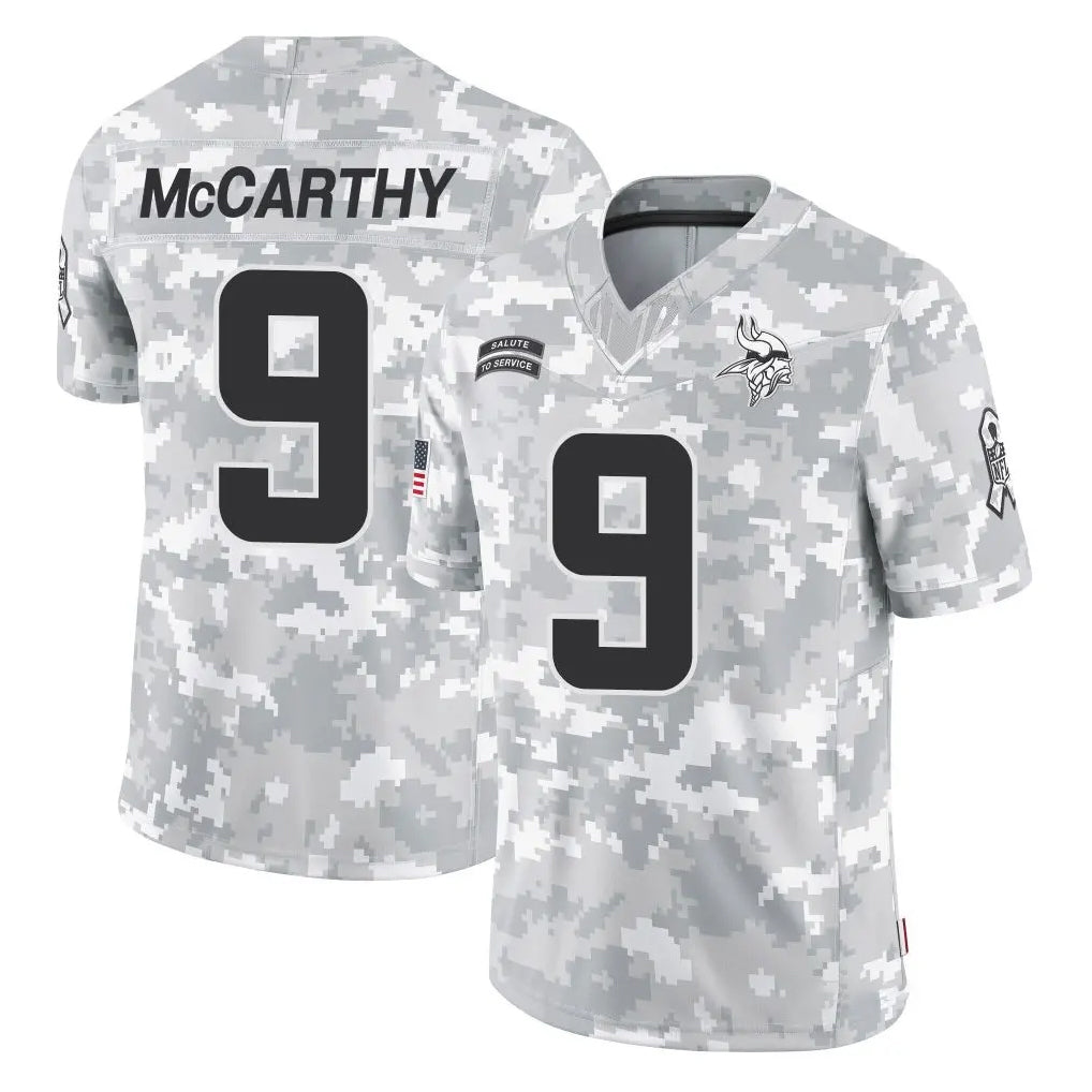 M.Vikings #9 J.J. McCarthy Player Arctic Camo Salute To Service Limited Game BALCE Stitched Jerseys