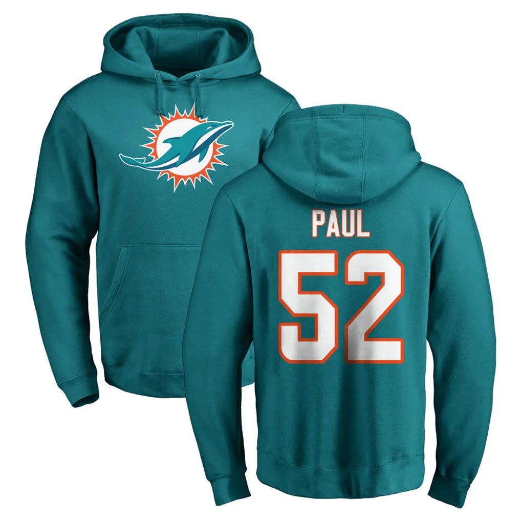 M.Dolphins #52 Patrick Paul Player Aqua LOGO Pullover Hoodies Limited BALCE Stitched Jerseys