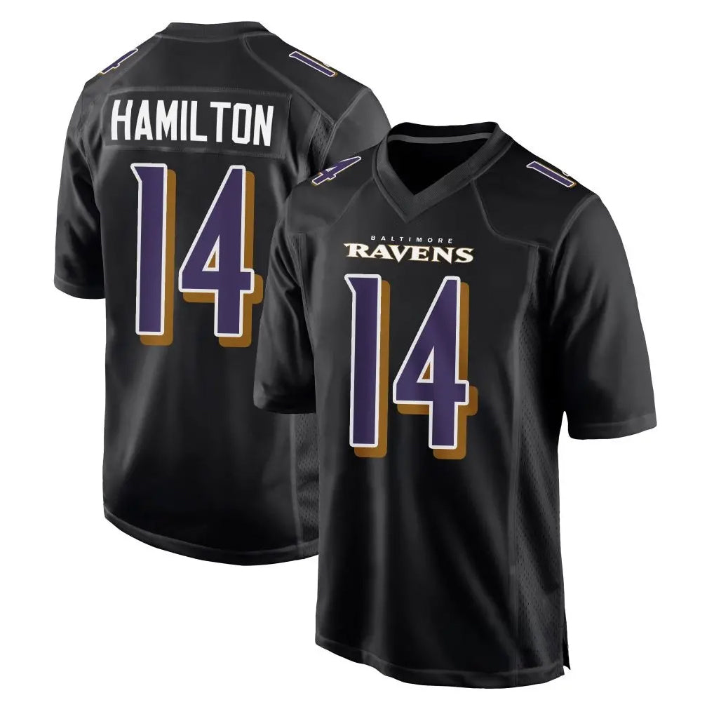 B.Ravens #14 Kyle Hamilton Player Black Carbon Fashion Game Home BALCE Stitched Jerseys