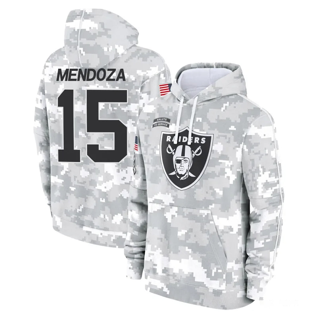 LV.Raiders #15 Fernando Mendoza Player Arctic Camo Salute to Service Hoodies Limited Game BALCE Stitched Jerseys