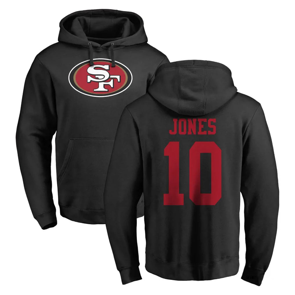 SF.49ers #10 Mac Jones Player Black LOGO Pullover Hoodies Home Game BALCE Stitched Jerseys