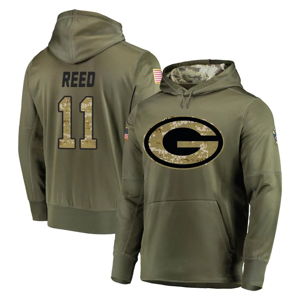 GB.Packers #11 Jayden Reed Player Olive Salute to Service Pullover Hoodies Home Game BALCE Stitched Jerseys