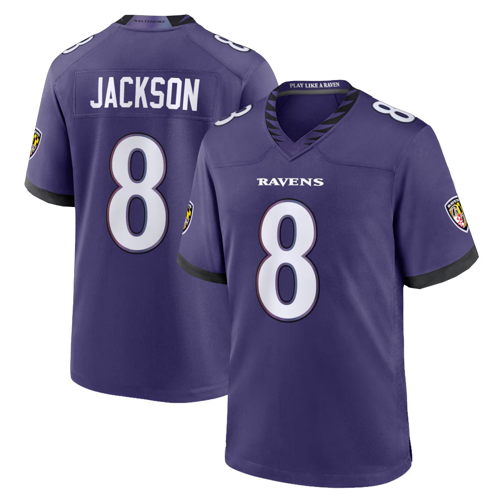 B.Ravens #8 Lamar Jackson Player Purple Home Game BALCE Stitched Jerseys