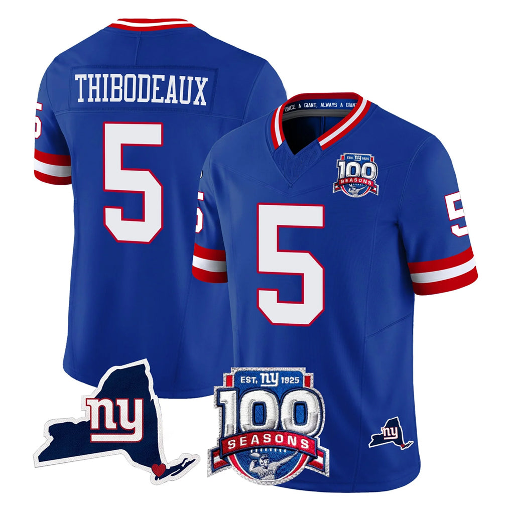 NY.Giants #5 Kayvon Thibodeaux Player Royal 100th Season & State Patch Vapor Limited Home Game BALCE Stitched Jerseys