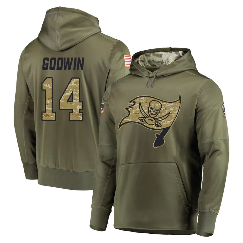 TB.Buccaneers #14 Chris Godwin Jr. Player Olive Salute to Service Pullover Hoodie Home Game BALCE Stitched Jerseys