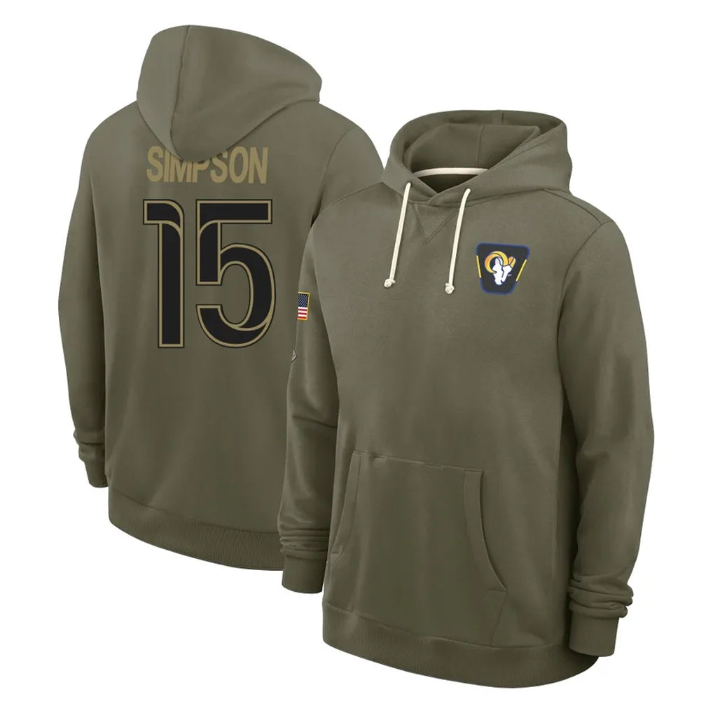 LA.Rams #15 Ty Simpson Player Olive Salute to Service Pullover Hoodies Limited BALCE Stitched Jerseys