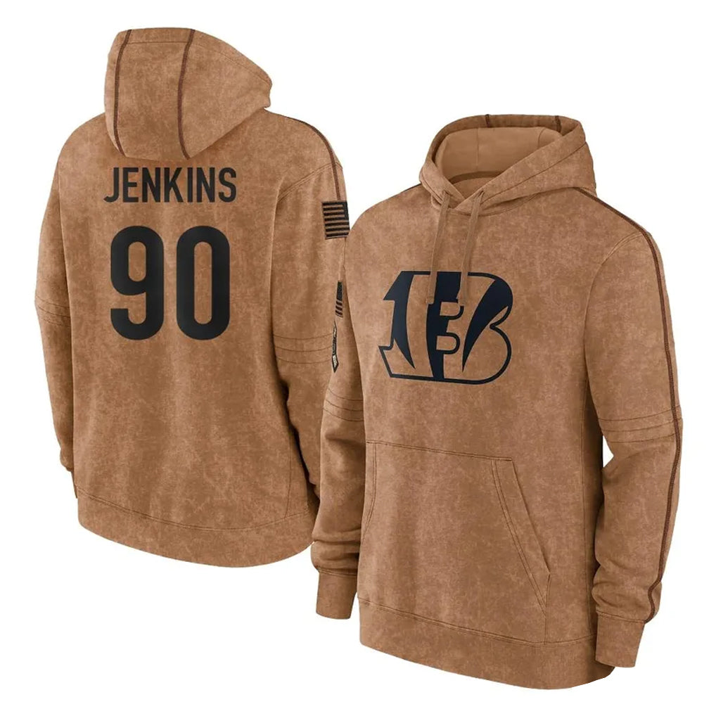 C.Bengals #90 Kris Jenkins Jr Player Brown Salute to Service Pullover Hoodie Limited BALCE Stitched Jerseys