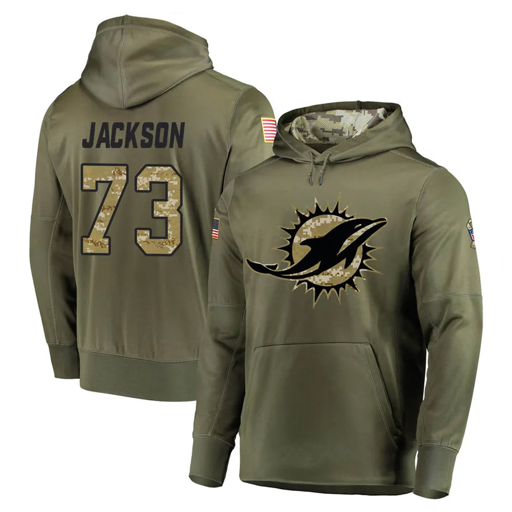 M.Dolphins #73 Austin Jackson Player Olive Salute to Service Pullover Hoodies Home Game BALCE Stitched Jerseys