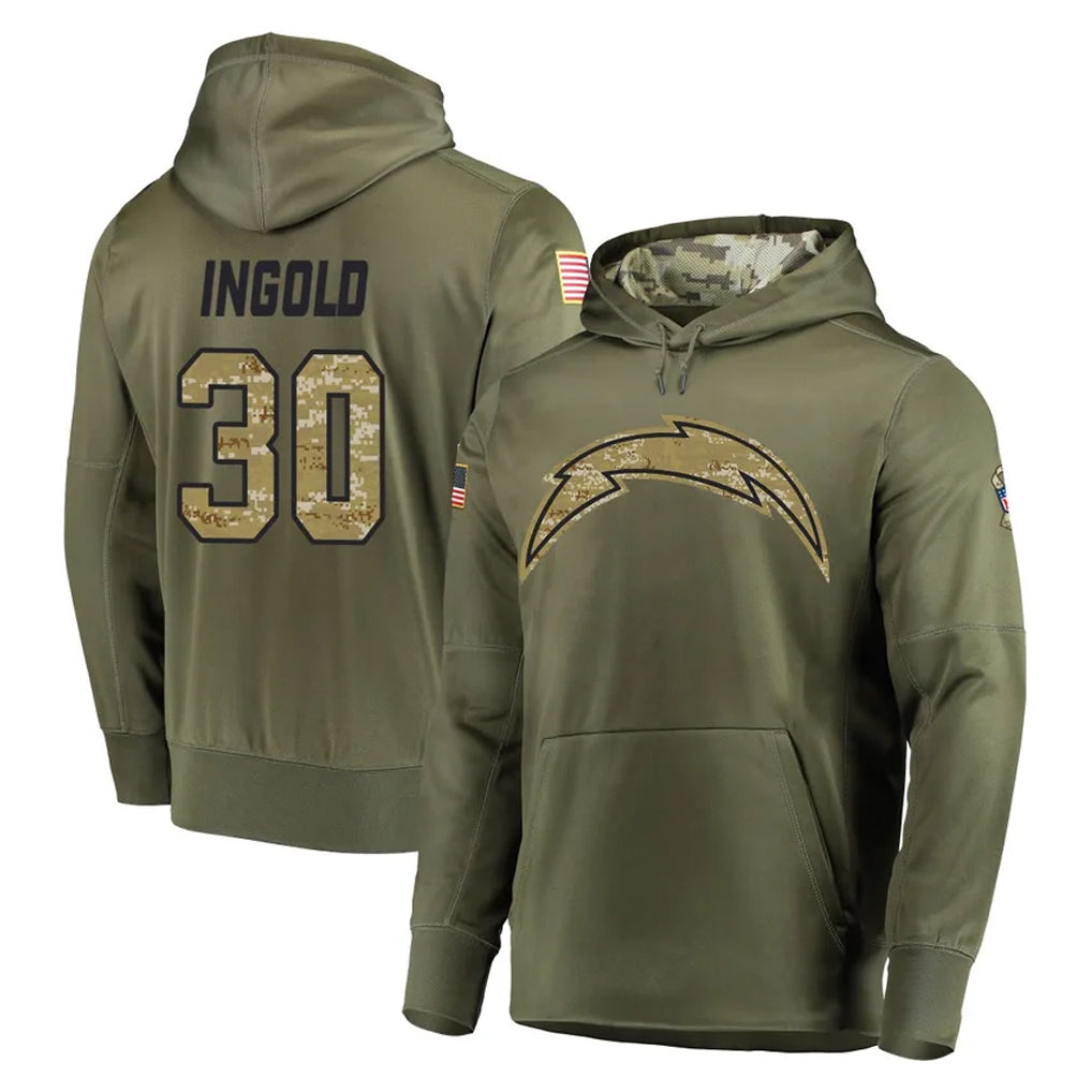 LA.Chargers #30 Alec Ingold Player Olive Salute to Service Pullover Hoodies Home Game BALCE Stitched Jerseys
