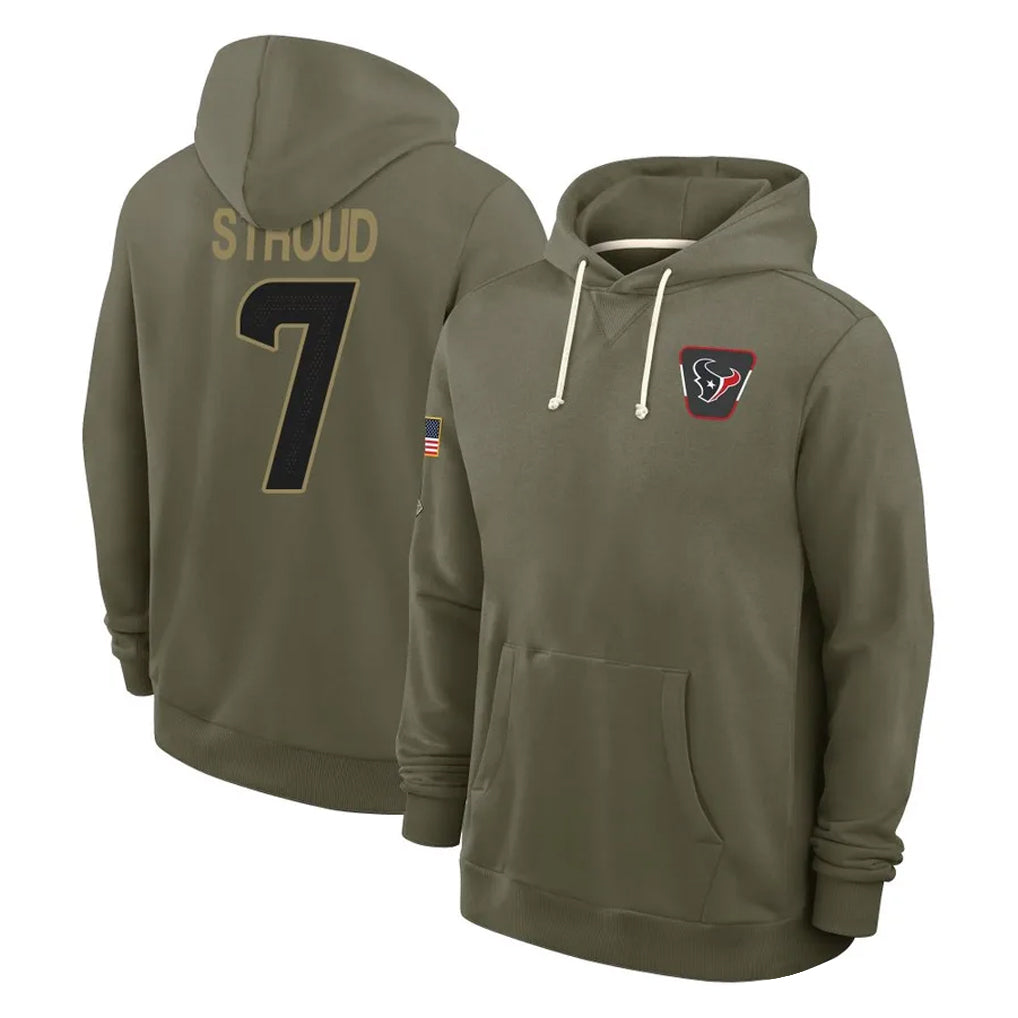 H.Texans #7 CJ Stroud Player Olive Salute to Service Pullover Hoodies Limited BALCE Stitched Jerseys