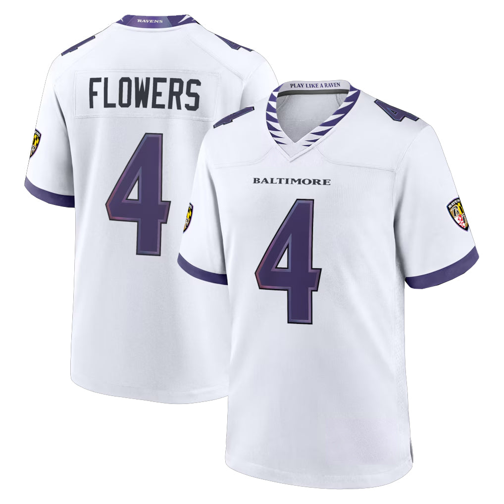 B.Ravens #4 Zay Flowers Player White Home Game BALCE Stitched Jerseys
