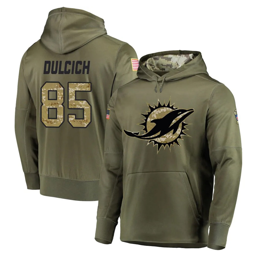 M.Dolphins #85 Greg Dulcich Player Olive Salute to Service Pullover Hoodies Home Game BALCE Stitched Jerseys