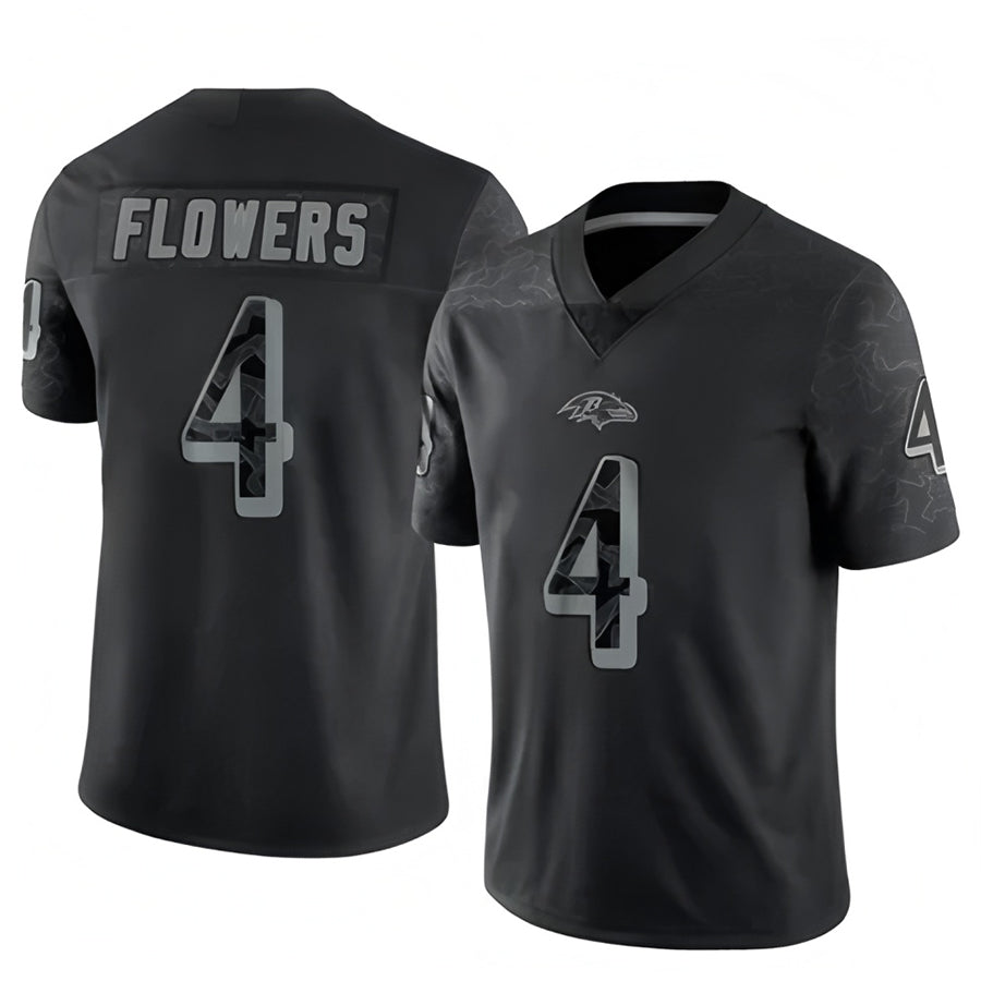 B.Ravens #4 Zay Flowers Player Black REFLECTIVE Limited BALCE Stitched Jerseys