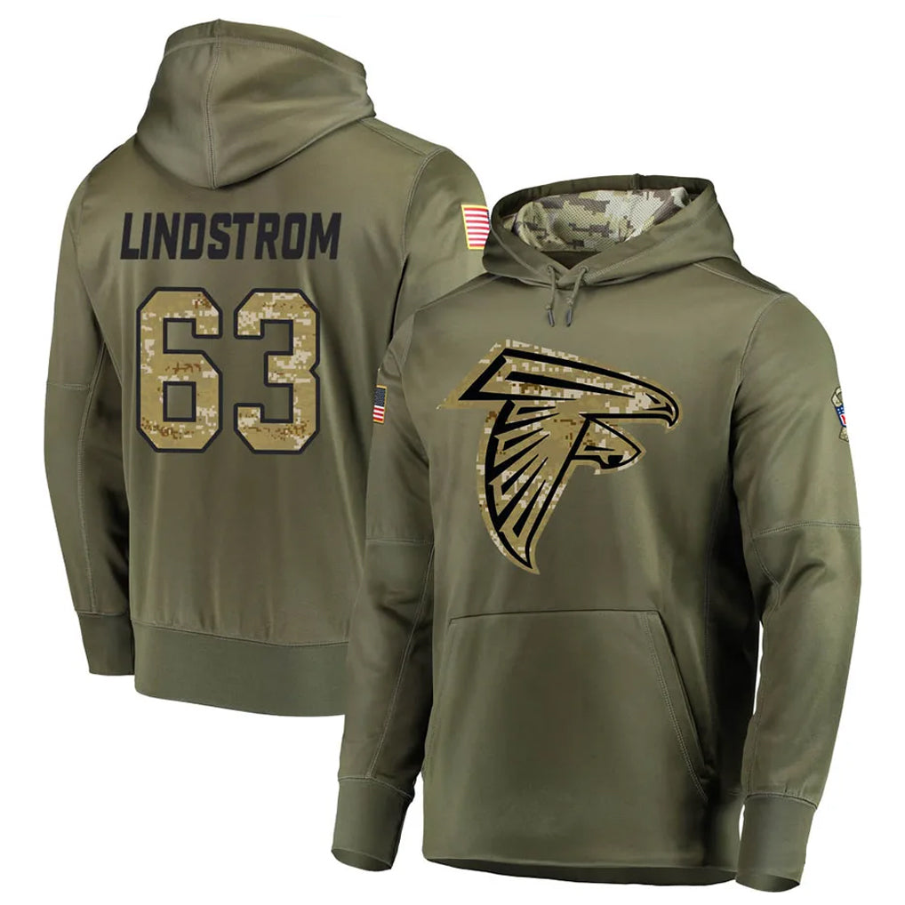 A.Falcons #63 Chris Lindstrom Player Olive Salute to Service Club Fleece Hoodie BALCE Stitched Jerseys