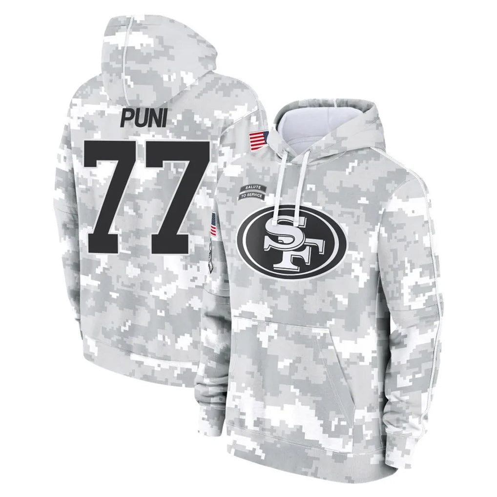 SF.49ers #77 Dominick Puni Player Arctic Camo Limited Salute to Service Pullover Hoodies Game BALCE Stitched Jerseys