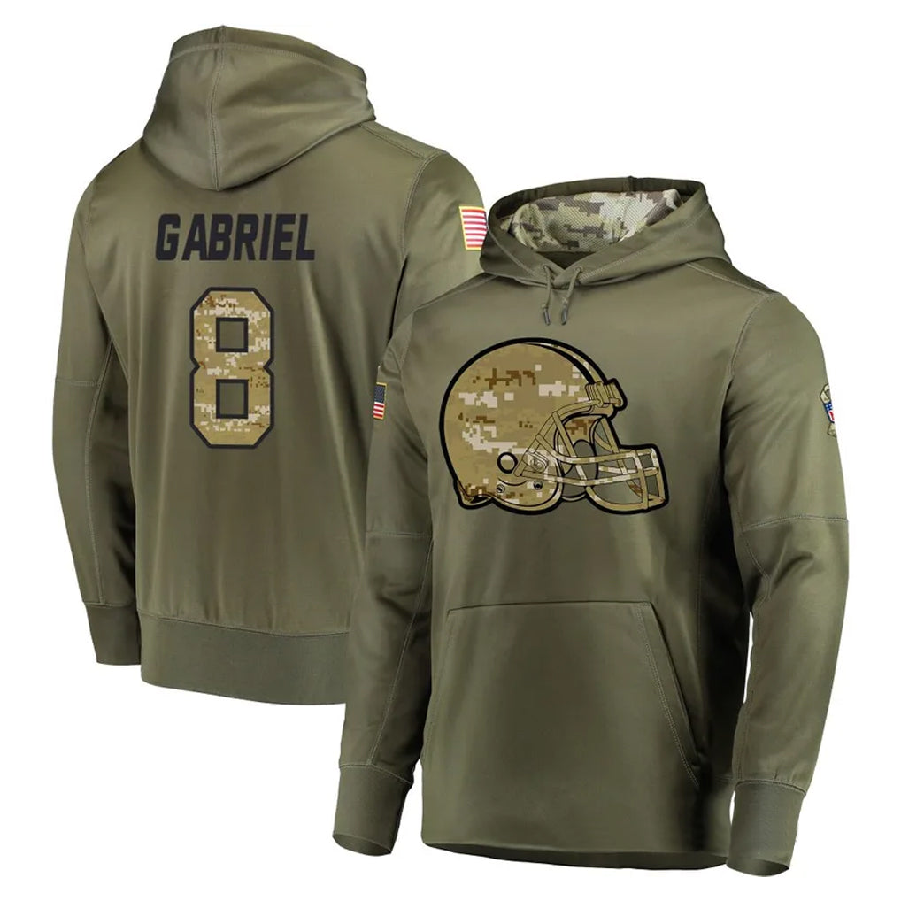 C.Browns #8 Dillon Gabriel Player Olive Salute to Service Pullover Hoodies Home Game BALCE Stitched Jerseys