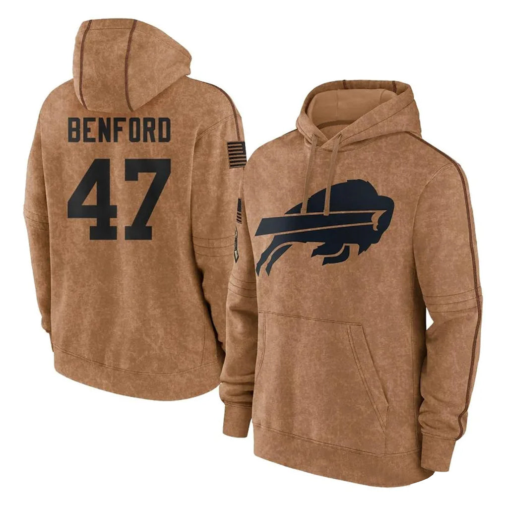 B.Bills #47 Christian Benford Player Brown Salute to Service Hoodies BALCE Stitched Jerseys