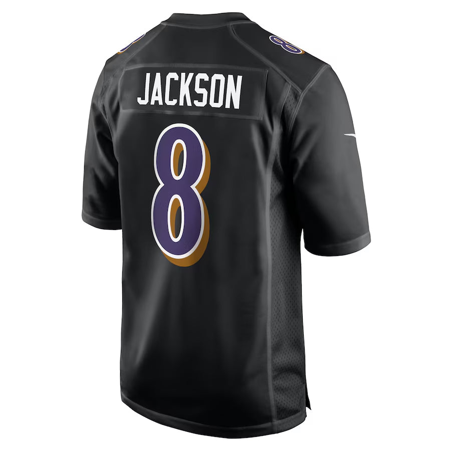 B.Ravens #8 Lamar Jackson Player Black Carbon Fashion Home Game BALCE Stitched Jerseys