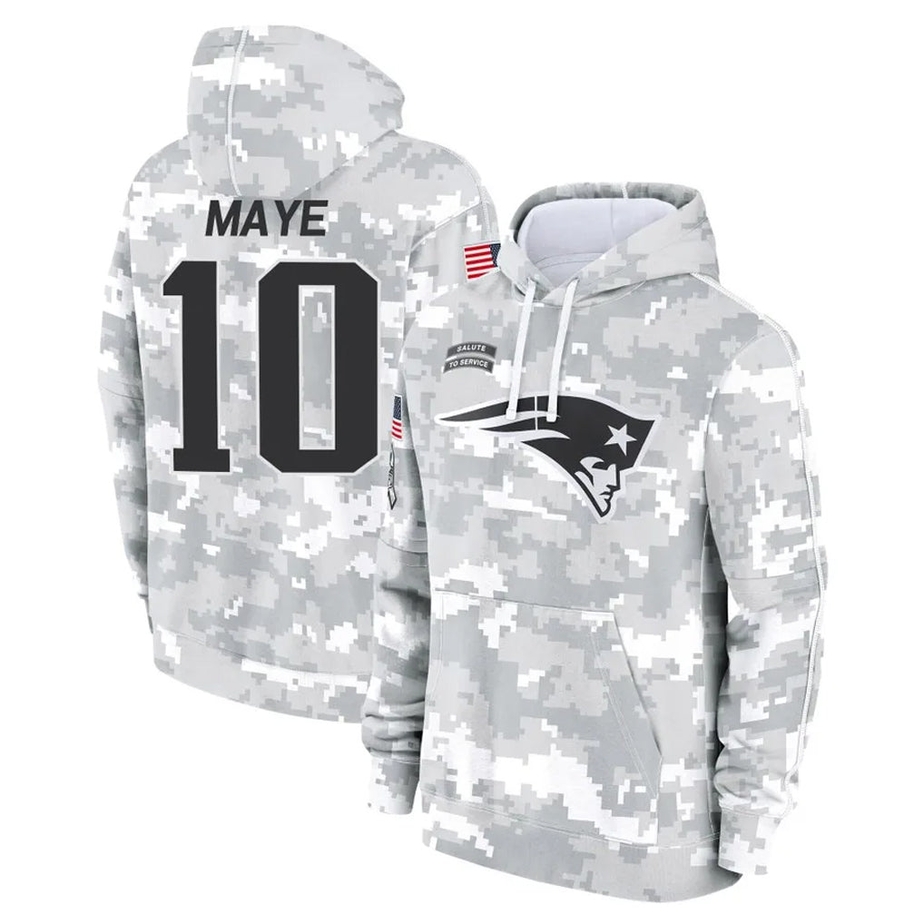 NE.Patriots #10 Drake Maye Player Arctic Camo Salute to Service Pullover Hoodies Limited Game BALCE Stitched Jerseys