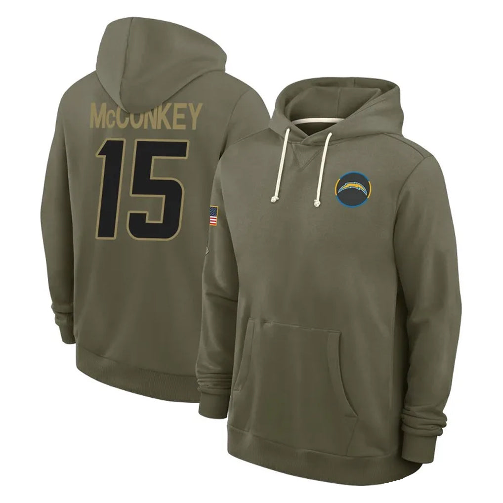 LA.Chargers #15 Ladd McConkey Player Olive Salute to Service Pullover Hoodies Limited BALCE Stitched Jerseys