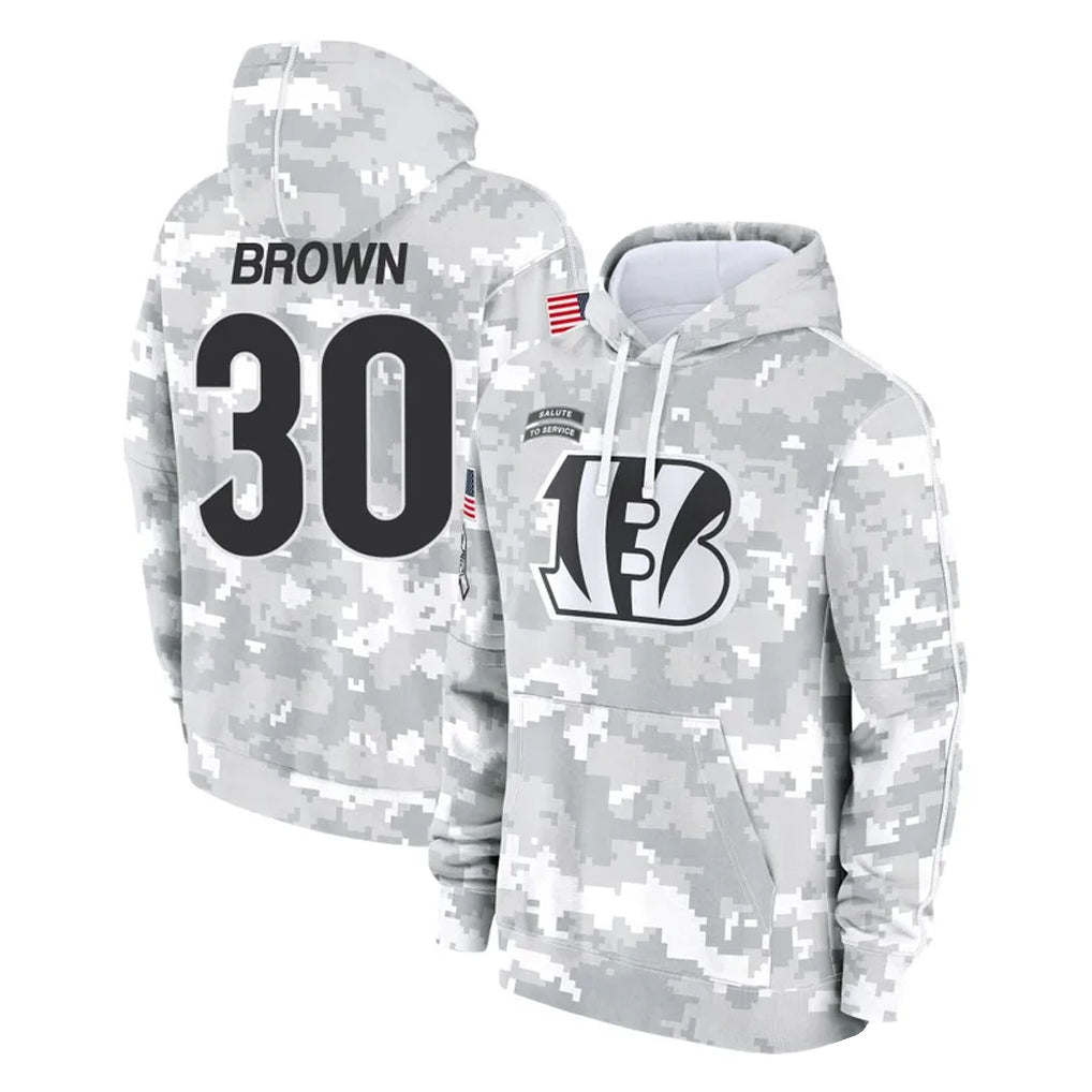 C.Bengals #30 Chase Brown Player Arctic Camo Salute to Service Pullover Hoodie Limited BALCE Stitched Jerseys