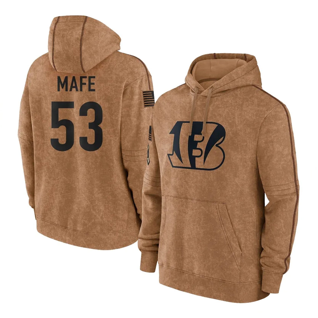 C.Bengals #53 Boye Mafe Player Brown Salute to Service Pullover Hoodie Limited BALCE Stitched Jerseys