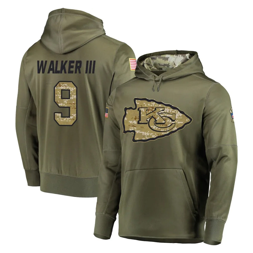 KC.Chiefs #9 Kenneth Walker III Player Olive Salute to Service Pullover Hoodies Home Game BALCE Stitched Jerseys
