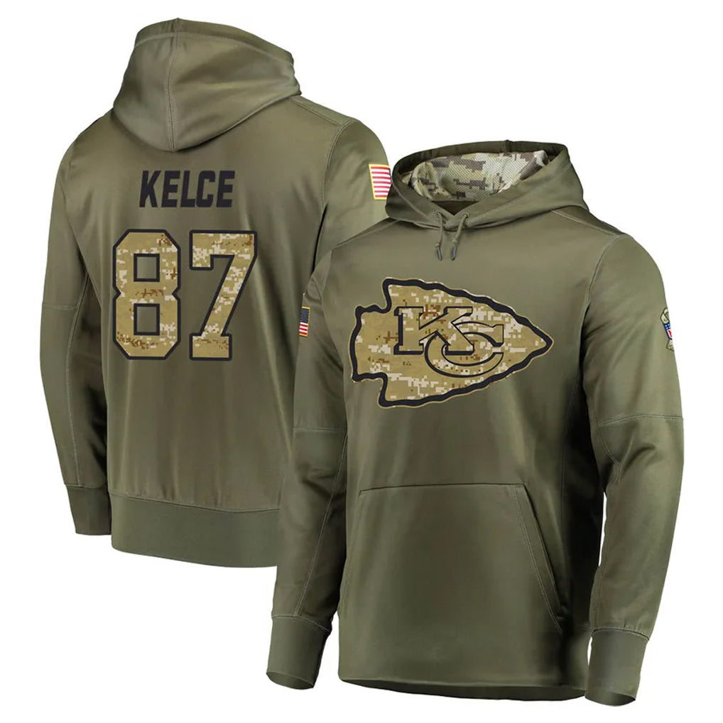 KC.Chiefs #87 Travis Kelce Player Olive Salute to Service Pullover Hoodies Home Game BALCE Stitched Jerseys