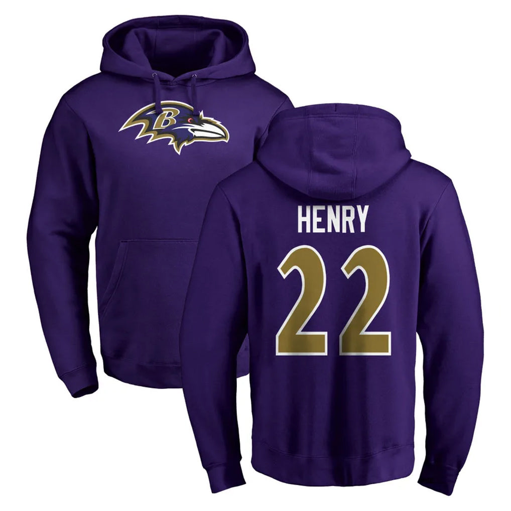 B.Ravens #22 Derrick Henry Player Purple Salute to Service Pullover Hoodie BALCE Stitched Jerseys