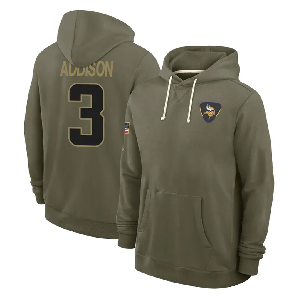 M.Vikings #3 Jordan Addison Player Olive Salute to Service Pullover Hoodies Limited BALCE Stitched Jerseys