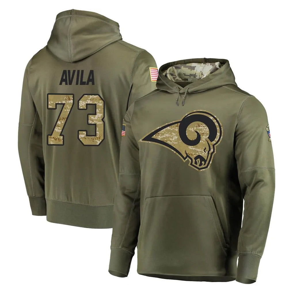 LA.Rams #73 Steve Avila Player Olive Salute to Service Pullover Hoodies Home Game BALCE Stitched Jerseys