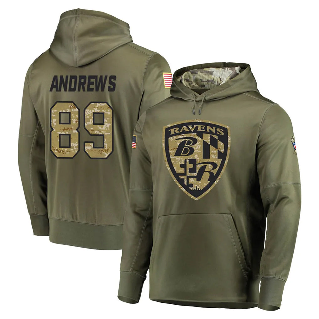 B.Ravens #89 Mark Andrews Ioane Player Olive Salute to Service Pullover Hoodie BALCE Stitched Jerseys